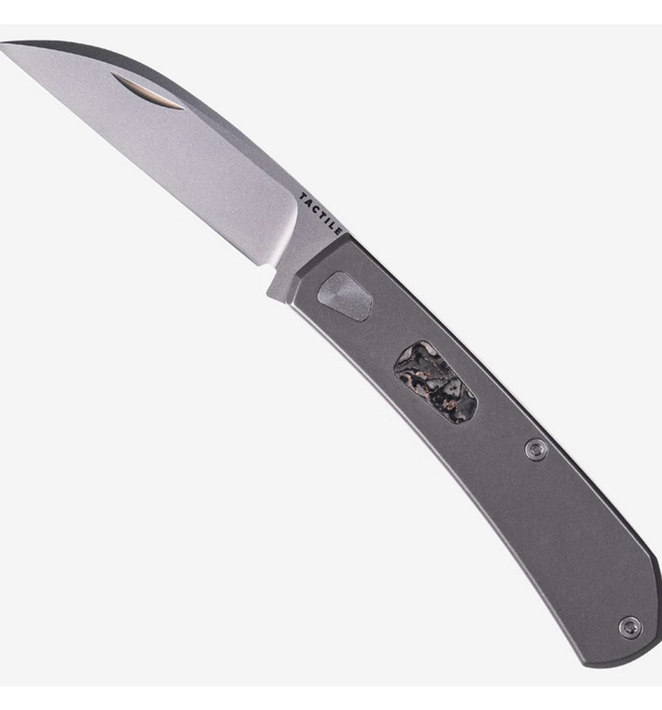 Tactile Knife Co Ranger slip joint folding knife with nail nick - shown open presentation side.  Satin MagnaCut stainless steel plain edge blade.  Titanium handle with copper TechnoCarbo inlay.  Model 20-WR-MCDB-BGCT.