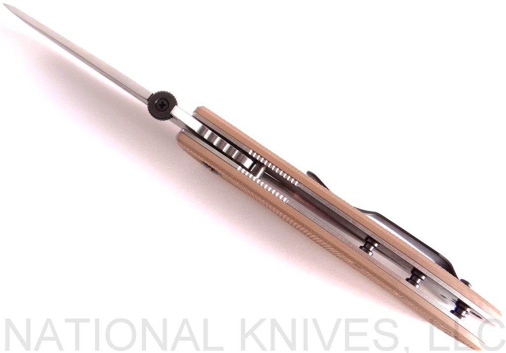 Emerson Knives CQC-7V SF folding knife with thumb disk and Emerson Wave opener - shown open top view.  Satin 154CM stainless steel, "V" ground, plain edge blade.  Tan G-10 handle.  Model CQC-7V-SF.