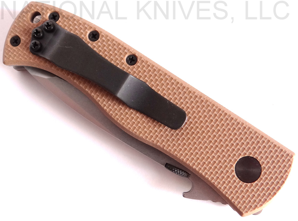 Emerson Knives CQC-7V SF folding knife with thumb disk and Emerson Wave opener - shown closed pocket clip side.  Satin 154CM stainless steel, "V" ground, plain edge blade.  Tan G-10 handle.  Model CQC-7V-SF.