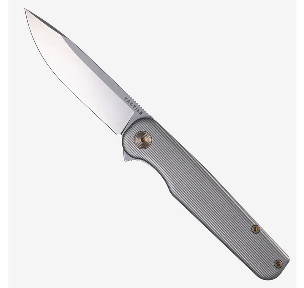 Tactile Knife Co Rockwall Flipper folding knife with flipper tab - shown open presentation side.  Satin MagnaCut stainless steel plain edge blade.  Slate Gray titanium handle.  Model 20-RW-MCST-TTBG.