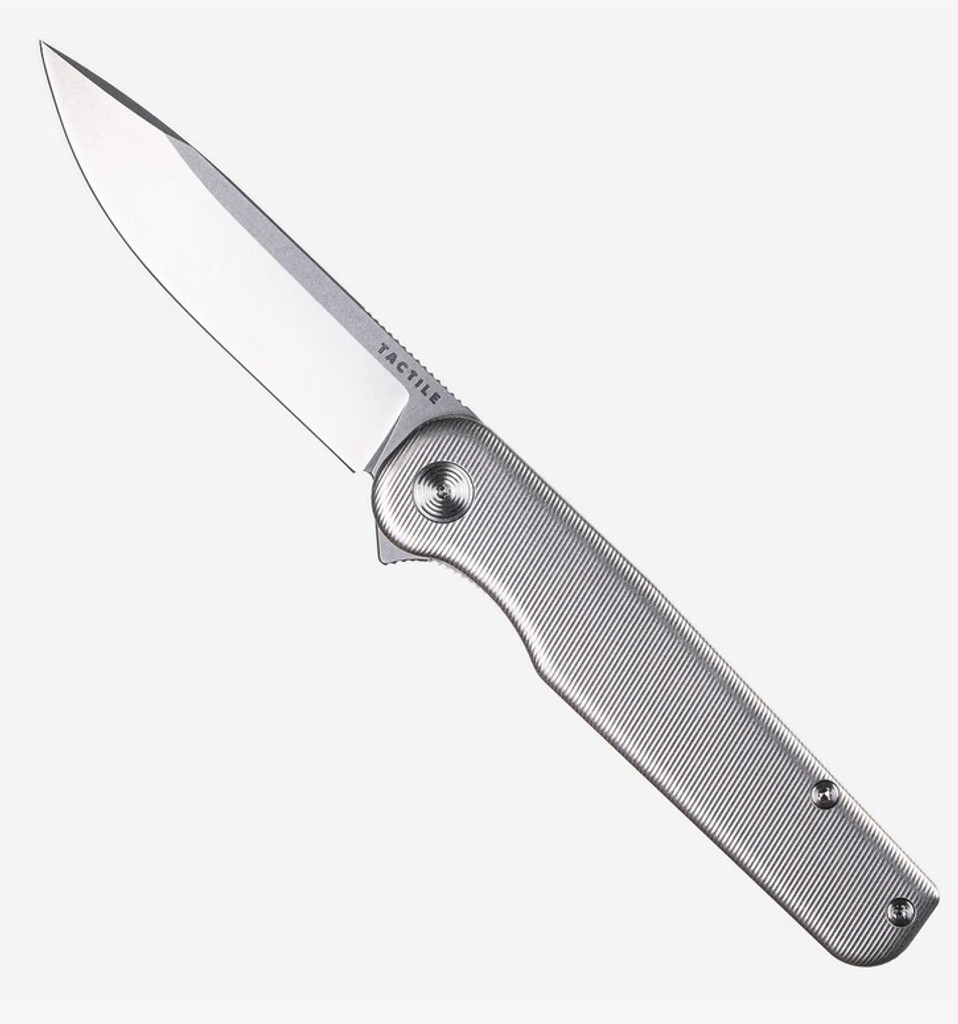 Tactile Knife Co Rockwall Flipper folding knife with flipper tab - shown open presentation side.  Stonewash MagnaCut stainless steel plain edge blade.  Stonewash titanium handle.  Model 20-RW-MC01-TT01.