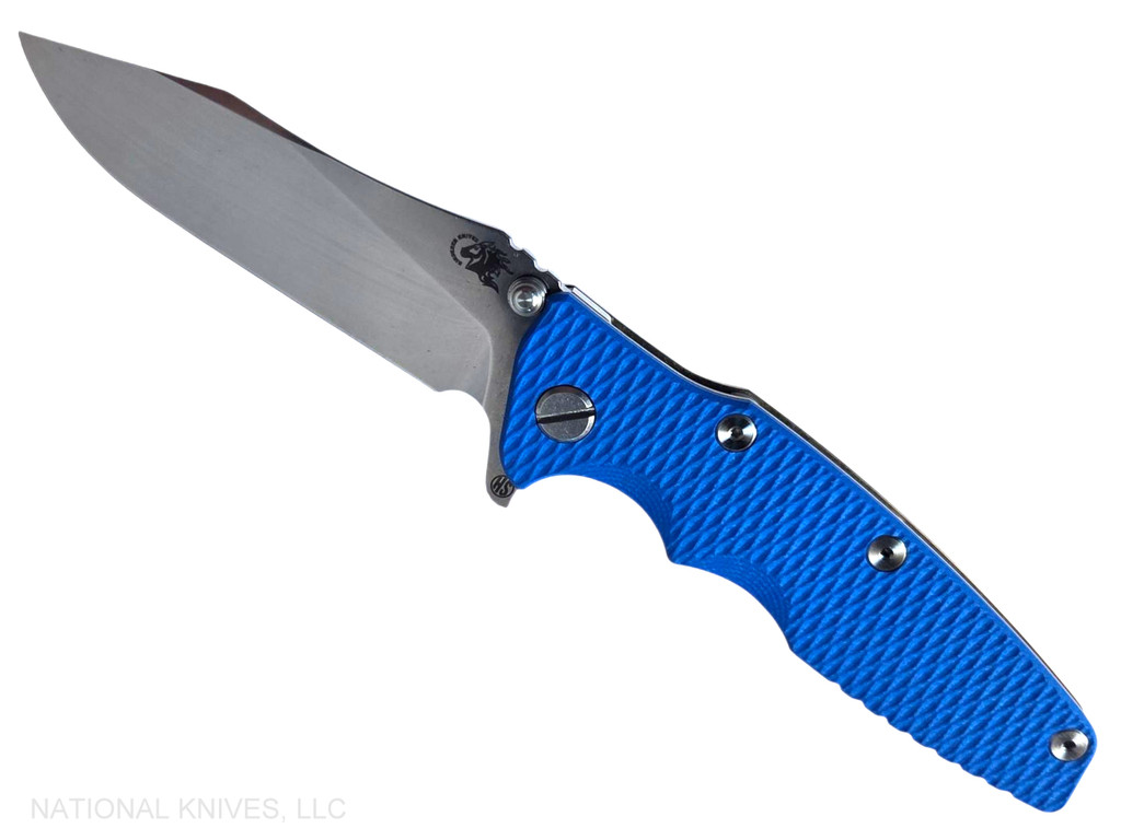Rick Hinderer Knives Skinny Eklipse Slicer folding knife with flipper tab - shown open - presentation side.  Stonewash 3.5" hollow grind MagnaCut stainless steel plain edge blade.  Blue G-10 handle scale with stonewashed bronze lock side.  Model KEK35SKSLHO