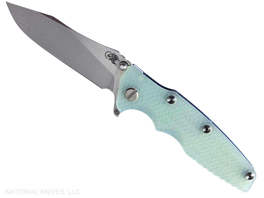 Rick Hinderer Knives Skinny Eklipse Slicer folding knife with flipper tab - shown open - presentation side.  Stonewash 3.5" hollow grind MagnaCut stainless steel plain edge blade.  Translucent Green G-10 handle scale with stonewashed blue lock side.  Model KEK35SKSLHO