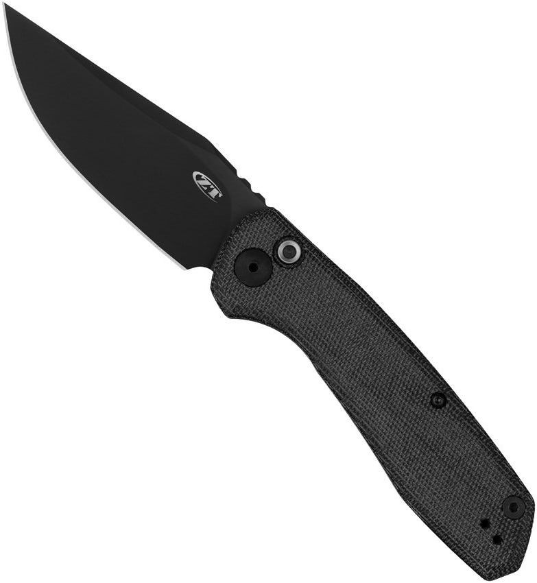 Zero Tolerance 0512 push button automatic knife - open - presentation side.  Black Cerakote 3.45" Cru-Wear steel plain edge blade.   Black Micarta handle with black titanium back.  Model 0512BLK.