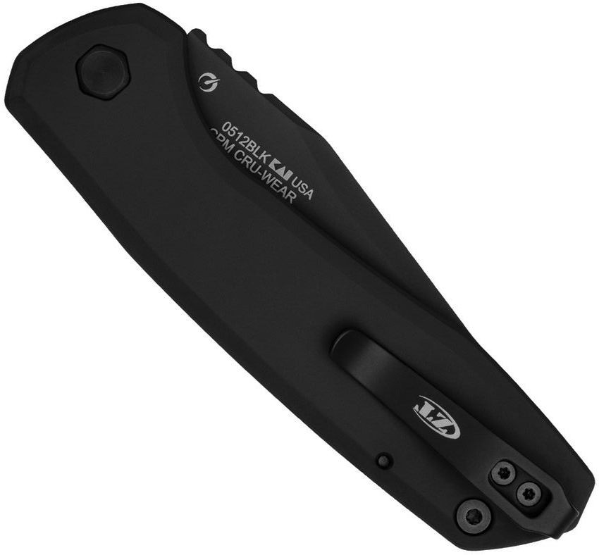 Zero Tolerance 0512 push button automatic knife - closed - pocket clip side.  Black Cerakote 3.45" Cru-Wear steel plain edge blade.   Black Micarta handle with black titanium back.  Model 0512BLK.