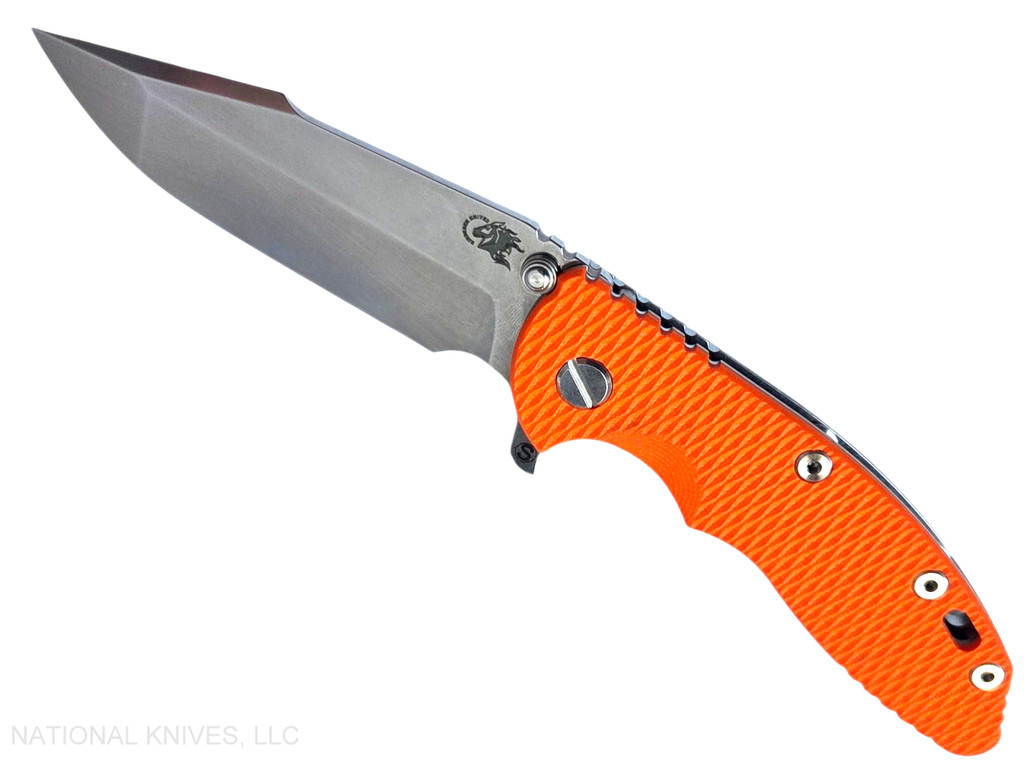 Rick Hinderer Knives XM-18 Skinny Harpoon Spanto with thumb stud and flipper tab - shown open presentation side.  Stonewash MagnaCut stainless steel plain edge blade.  Orange G-10 handle with stonewash lock side.  Model KXM35SKHS.
