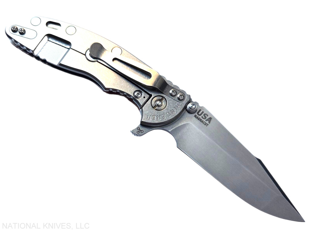 Rick Hinderer Knives XM-18 Skinny Harpoon Spanto with thumb stud and flipper tab - shown open lock side.  Stonewash MagnaCut stainless steel plain edge blade.  Red G-10 handle with stonewash lock side.  Model KXM35SKHS.