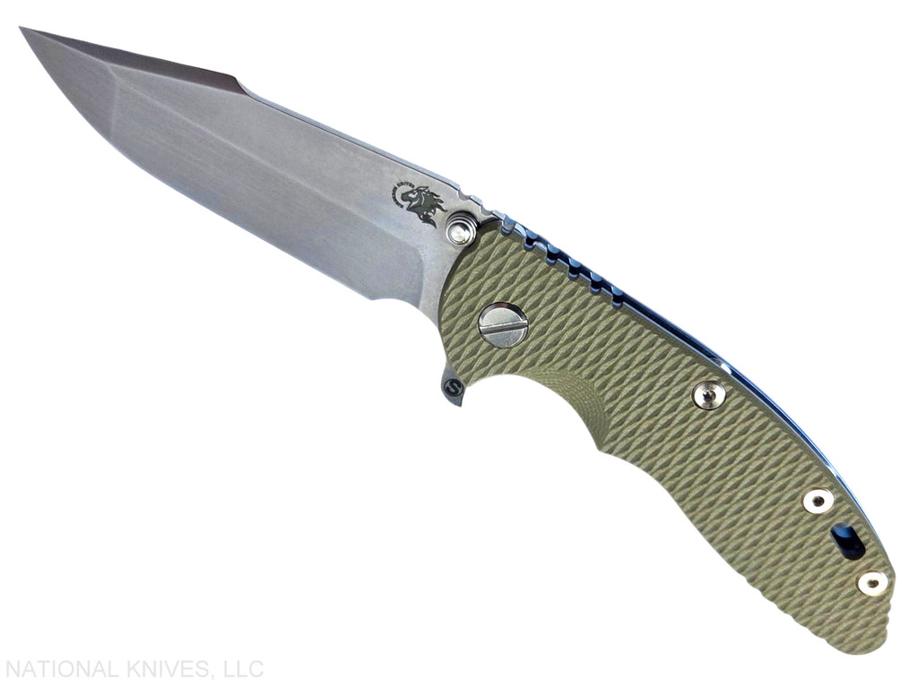 Rick Hinderer Knives XM-18 Skinny Harpoon Spanto with thumb stud and flipper tab - shown open presentation side.  Stonewash MagnaCut stainless steel plain edge blade.  OD green G-10 handle with stonewash blue lock side.  Model KXM35SKHS.