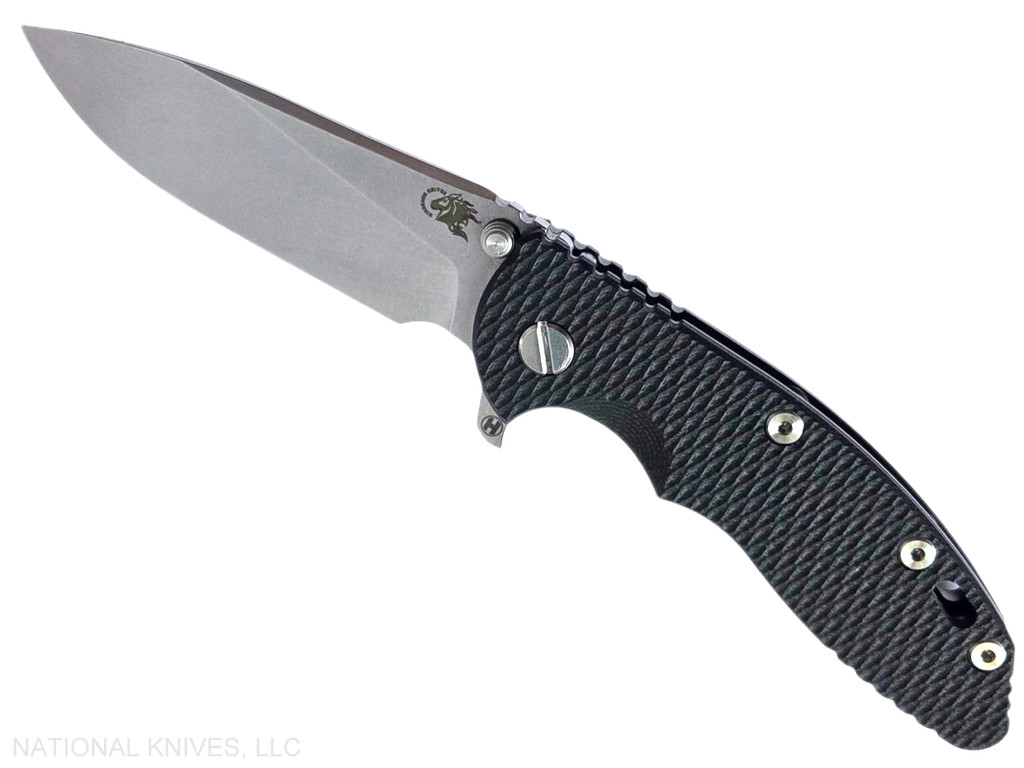 Rick Hinderer Knives XM-18 3.5" Slicer Hollow Grind folding knife with thumb stud and flipper tab - shown open presentation side.  Stonewash 20CV stainless steel plain edge blade.  Black G-10 handle with Stonewash Black DLC lock side.  Model KXM35SLDLC.