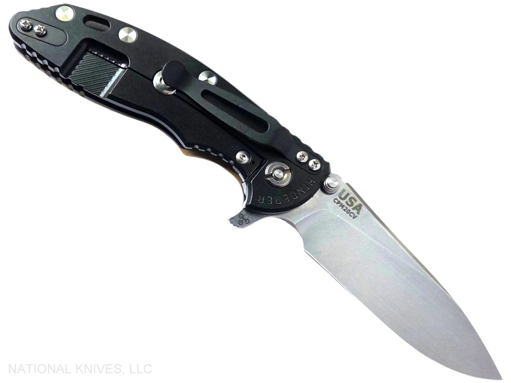 Rick Hinderer Knives XM-18 3.5" Slicer Hollow Grind folding knife with thumb stud and flipper tab - shown open lock side.  Stonewash 20CV stainless steel plain edge blade.  Coyote G-10 handle with Stonewash Black DLC lock side.  Model KXM35SLDLC.