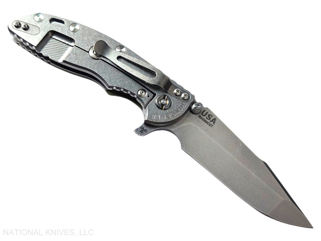 Rick Hinderer Knives XM-18 3.5" Harpoon Spanto folding knife with thumb stud and flipper tab - shown open lock side.  Stonewashed MagnaCut stainless steel plain edge blade.  OD green G-10 handle with stonewash lock side.  Model KXM35HS.
