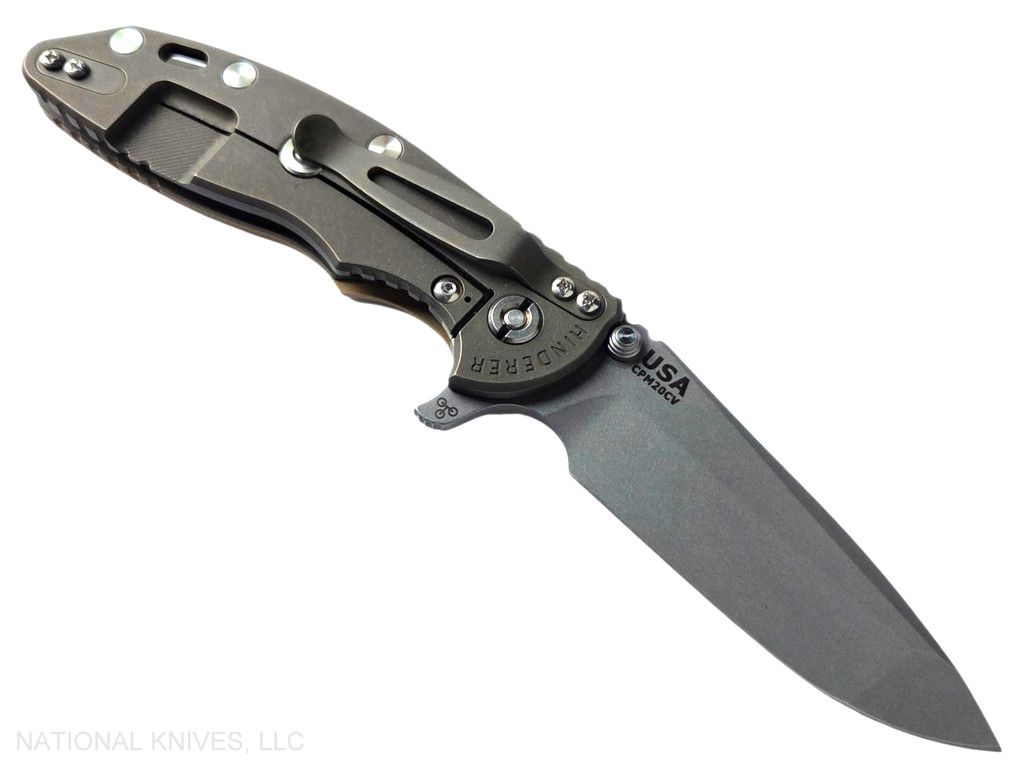 Rick Hinderer Knives XM-18 3.5" Spanto folding knife with thumb stud and flipper tab - shown open lock side.  Working Finish 20CV stainless steel plain edge blade.  Coyote G-10 handle with Battle Bronze lock side.  Model KXM35SPA.