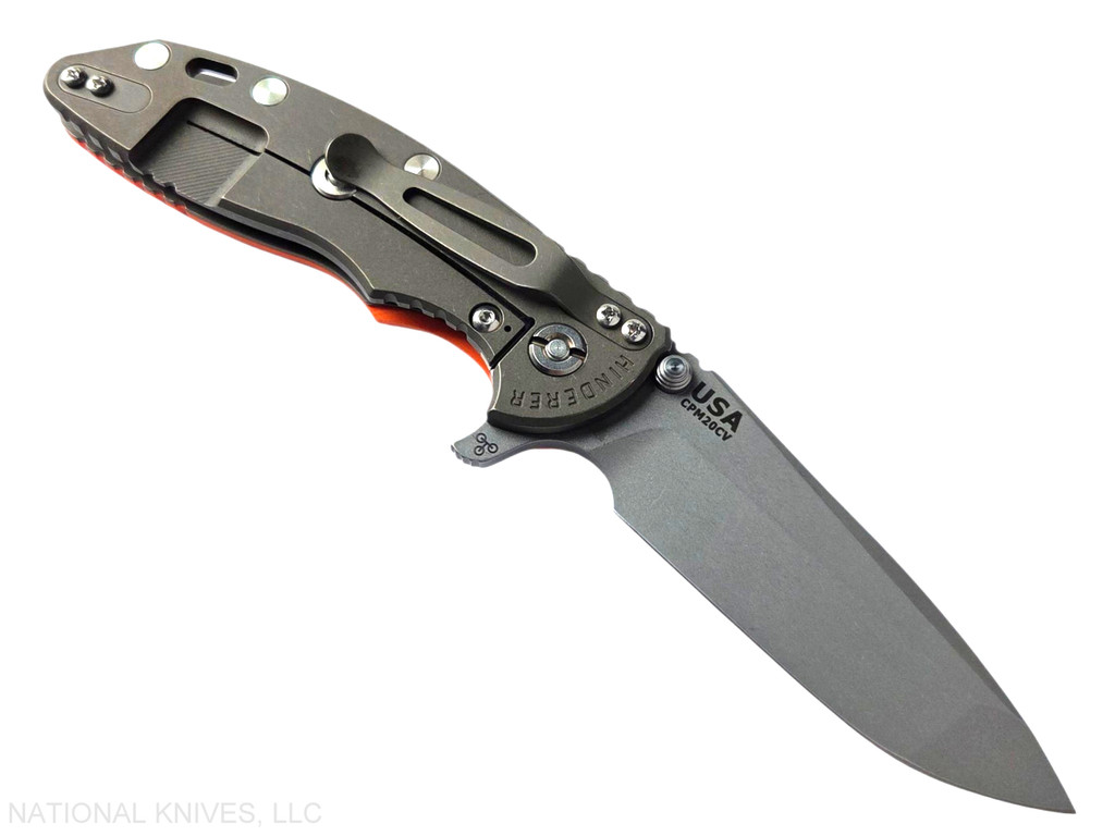 Rick Hinderer Knives XM-18 3.5" Spanto folding knife with thumb stud and flipper tab - shown open lock side.  Working Finish 20CV stainless steel plain edge blade.  Orange G-10 handle with Battle Bronze lock side.  Model KXM35SPA.