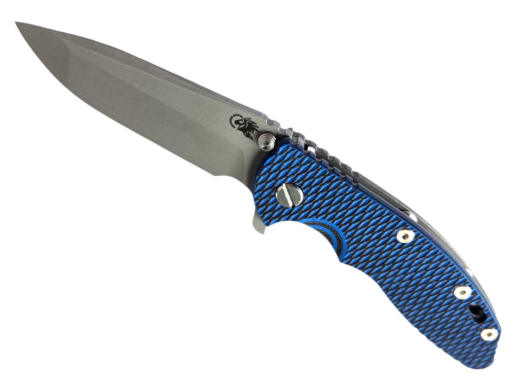 Rick Hinderer Knives XM-18 3.5" Spanto folding knife with thumb stud and flipper tab - shown open presentation side.  Working Finish 20CV stainless steel plain edge blade.  Blue - black G-10 handle with Working Finish lock side.  Model KXM35SPA.