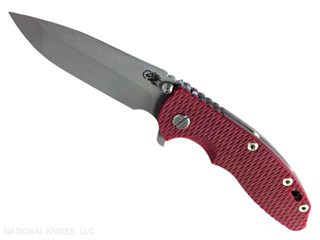 Rick Hinderer Knives XM-18 3.5" Spanto folding knife with thumb stud and flipper tab - shown open presentation side.  Working Finish 20CV stainless steel plain edge blade.  Red G-10 handle with Working Finish lock side.  Model KXM35SPA.