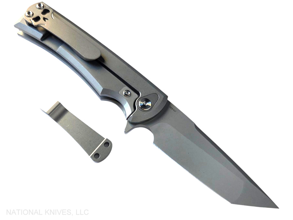 Chaves Knives Liberation Street Integral folding knife featuring a flipper tab - shown open lock side.  Stonewash M390 stainless steel tanto style plain edge blade.  Stonewash titanium handle.  Model CK-2B1-2B1A-1A0!