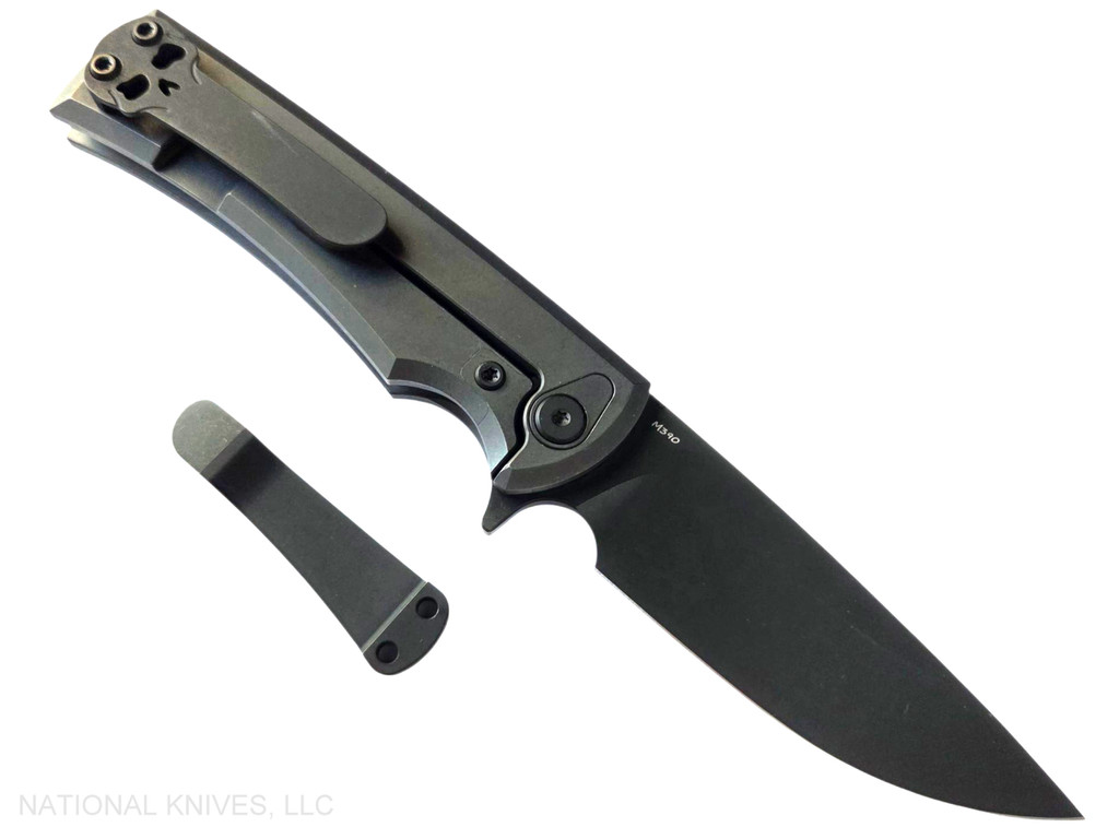 Chaves Knives Liberation Street Integral folding knife featuring a flipper tab - shown open lock side.  Gray PVD M390 stainless steel drop point style plain edge blade.  Gray PVD titanium handle.  Model CK-2B1-1C1A-4A15!