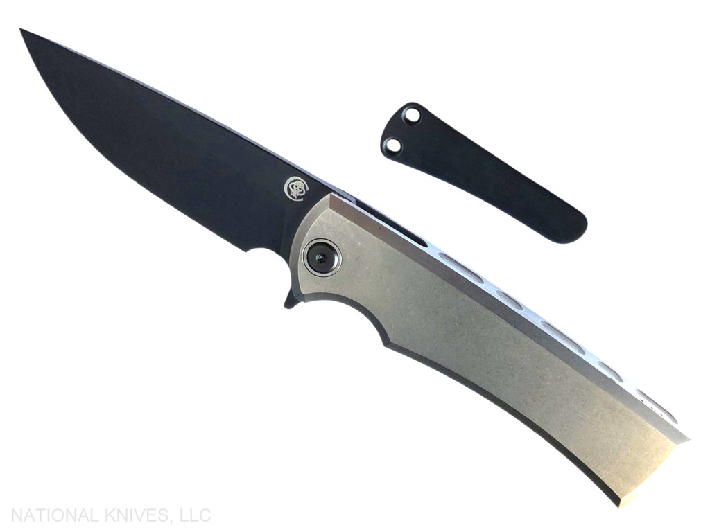 Chaves Knives Liberation Street Integral folding knife featuring a flipper tab - shown open presentation side.  Black DLC M390 stainless steel drop point style plain edge blade.  Bright stonewash titanium handle.  Model CK-2B1-1G1A-11A0!