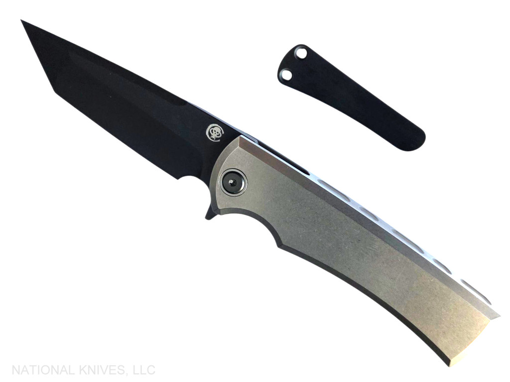 Chaves Knives Liberation Street Integral folding knife featuring a flipper tab - shown open presentation side.  Black DLC M390 stainless steel tanto style plain edge blade.  Bright stonewash titanium handle.  Model CK-2B1-2G1A-11A0!