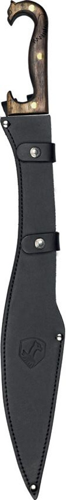 Condor Tool and Knife Falcata Sword - shown in sheath obverse.  1075 steel plain edge blade.  Brown wood handle.  Model CTK1050-20-HC.