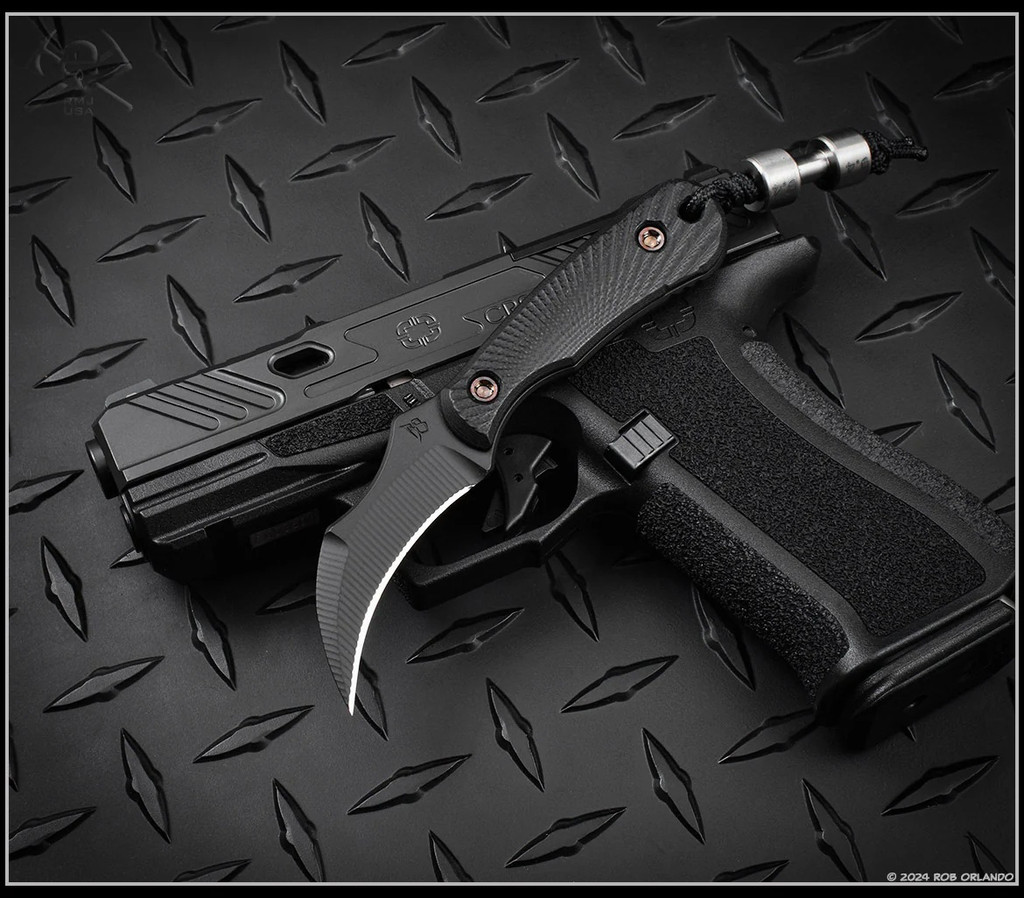 RMJ Tactical Gym Rat fixed blade knife - shown out of sheath obverse.  Graphite Black Cerakote Nitro-V stainless steel plain edge blade.  Black G- 10 handle.  Model K-GR-GB-BK.