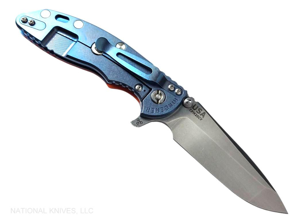 Rick Hinderer Knives XM-18 3.5" Spanto folding knife with thumb stud and flipper tab - shown open lock side.  Stonewash 20CV stainless steel plain edge blade.  Orange G-10 handle with stonewash blue lock side.  Model KXM35SPA.