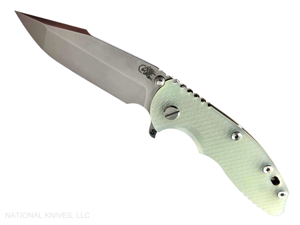 Rick Hinderer Knives XM-18 Skinny Harpoon Spanto with thumb stud and flipper tab - shown open presentation side.  Stonewash MagnaCut stainless steel plain edge blade.  Translucent Green G-10 handle with stonewash bronze lock side.  Model KXM35SKHS.