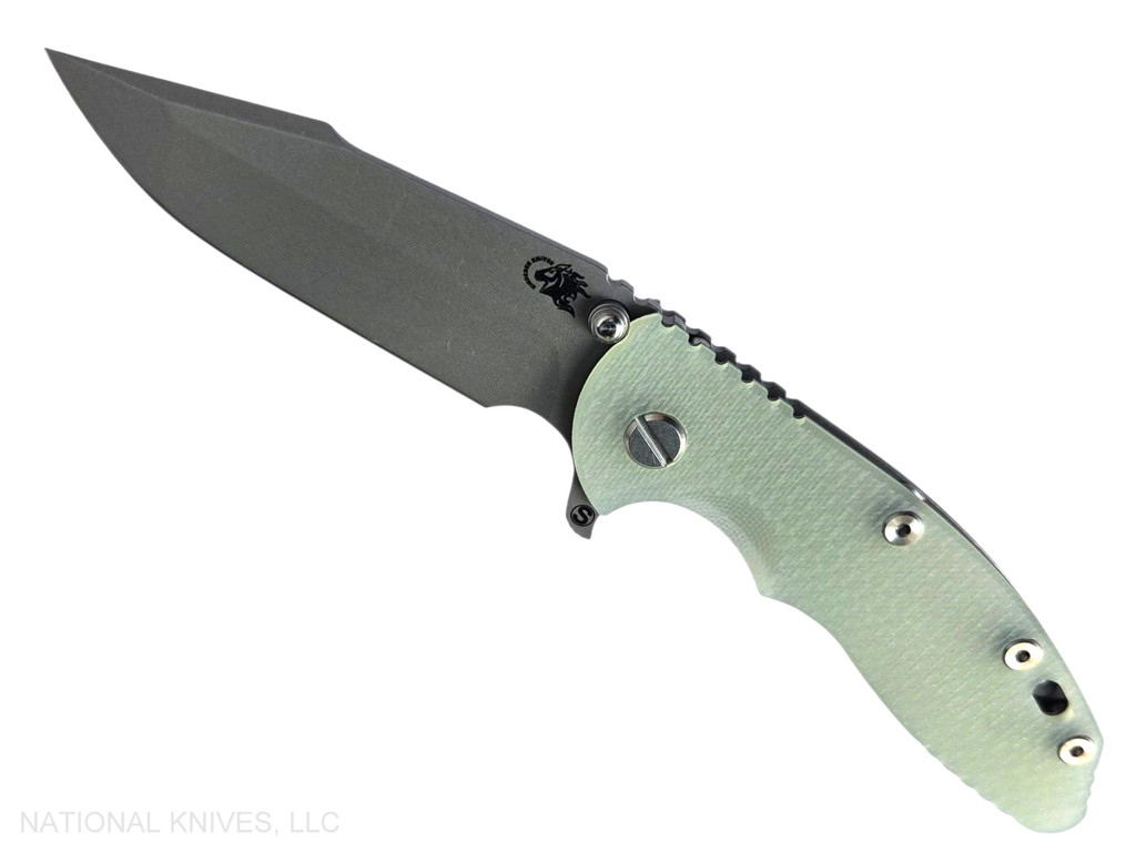 Rick Hinderer Knives XM-18 Skinny Harpoon Spanto with thumb stud and flipper tab - shown open presentation side.  Working Finish MagnaCut stainless steel plain edge blade.  Translucent Green G-10 handle with Working Finish lock side.  Model KXM35SKHS.