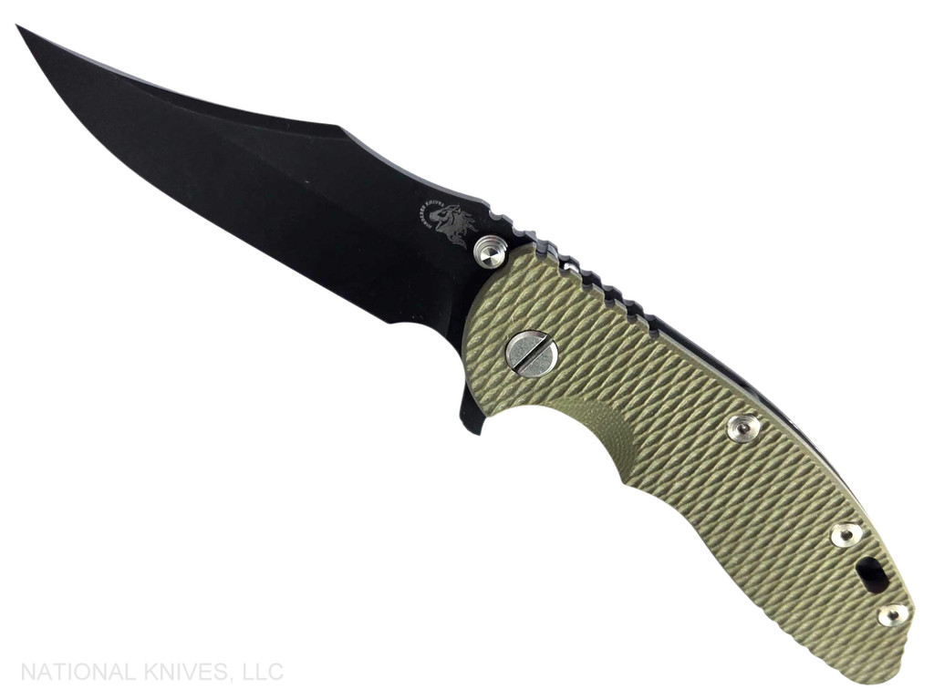 Rick Hinderer Knives XM-18 3.5" Bowie folding knife with thumb stud and flipper tab - shown open presentation side.  Battle Black MagnaCut stainless steel plain edge blade.  OD green G-10 handle with Battle Black lock side.  Model KXM35BOWMC.
