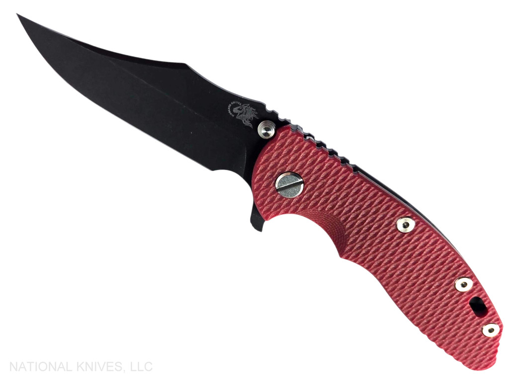 Rick Hinderer Knives XM-18 3.5" Bowie folding knife with thumb stud and flipper tab - shown open presentation side.  Battle Black MagnaCut stainless steel plain edge blade.  Red G-10 handle with Battle Black lock side.  Model KXM35BOWMC.