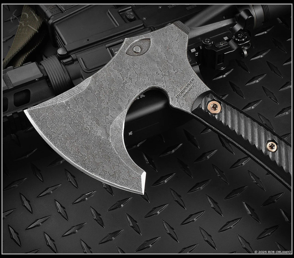 RMJ Tactical Berserker Axe - close up of reverse blade shown.  Acid Etched 80CrV2 steel blade.  Black G-10 handle scales.  Model T-BZ-AE-BK.