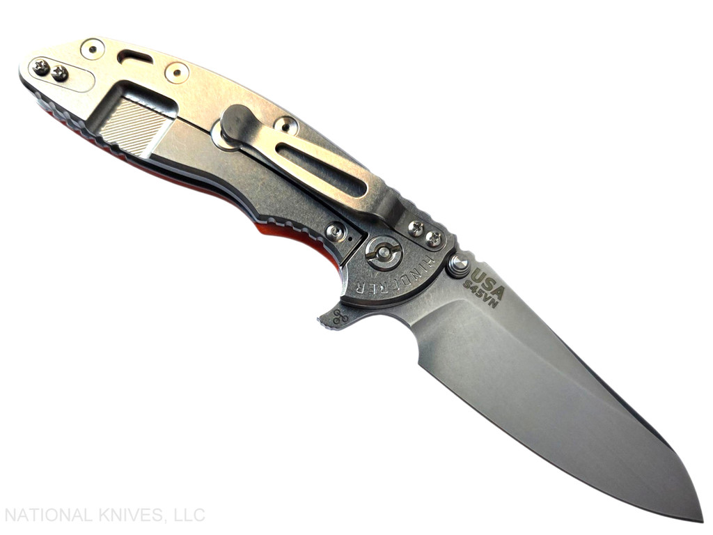 Rick Hinderer Knives XM-18 3.5" Sheepsfoot folding knife with thumb stud and flipper tab - shown open lock side.  Stonewash S45VN stainless steel plain edge blade.  Orange G-10 handle with stonewash lock side.  Model KXM35SHF.