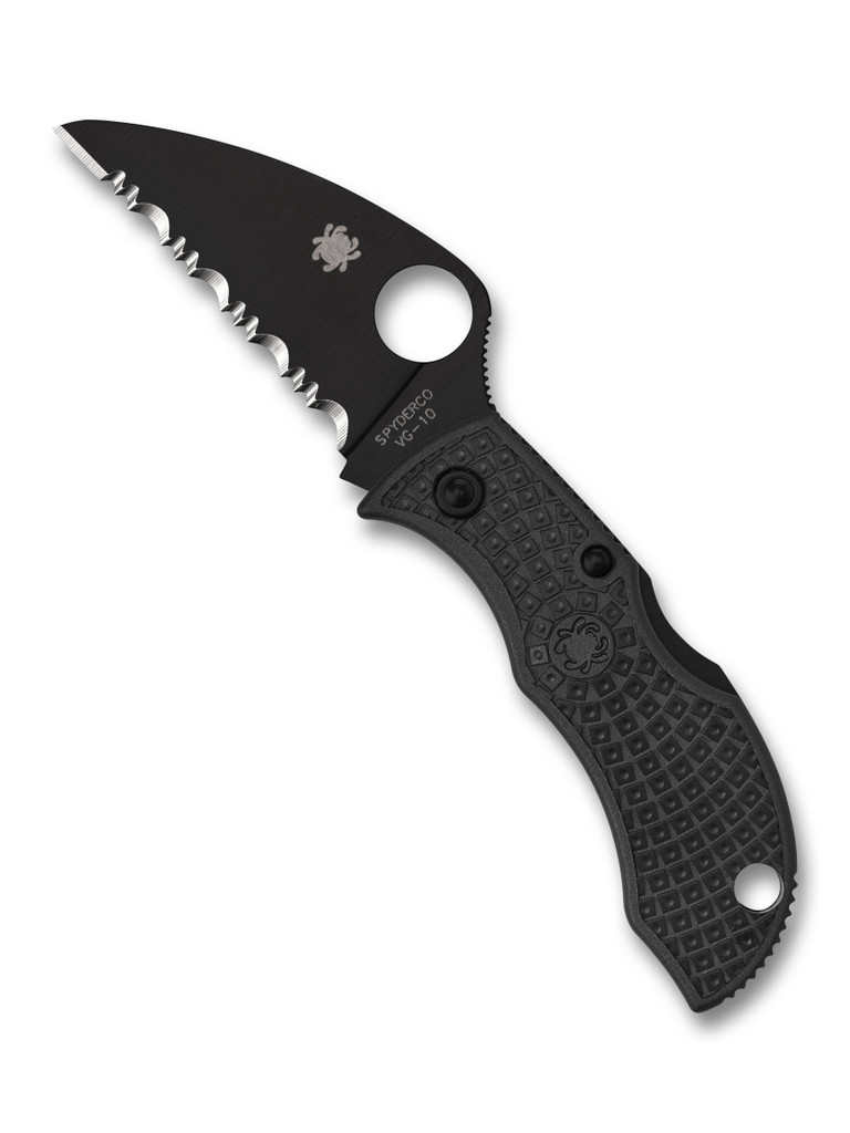 Spyderco Manbug wharncliffe folding knife with thumb hole - shown open obverse.  Black VG-10 stainless steel serrated edge blade.  Black FRN handle.  Model MBKWSBK.
