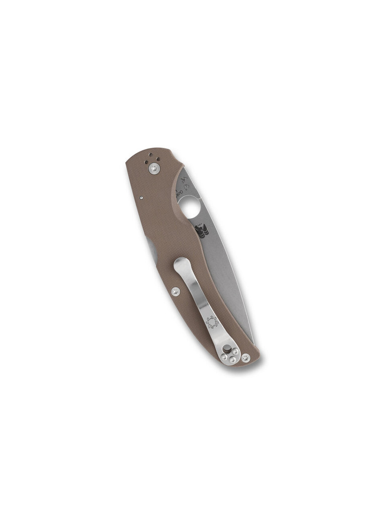 Spyderco Native Chief Sprint Run folding knife with thumb hole - shown closed pocket clip side.  Stonewash 15V steel plain edge blade.  Brown G-10 handle.  Model C244GPBN15V.
