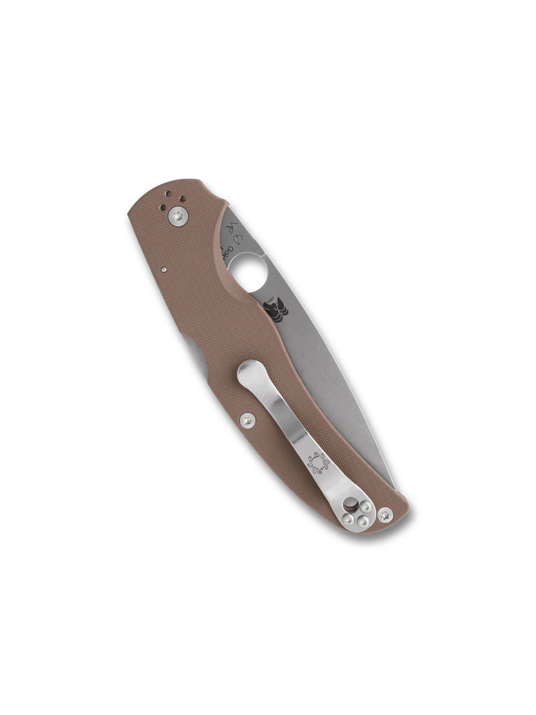 Spyderco Native Chief Sprint Run folding knife with thumb hole - shown closed pocket clip side.  Stonewash 15V steel plain edge blade.  Brown G-10 handle.  Model C244GPBN15V.