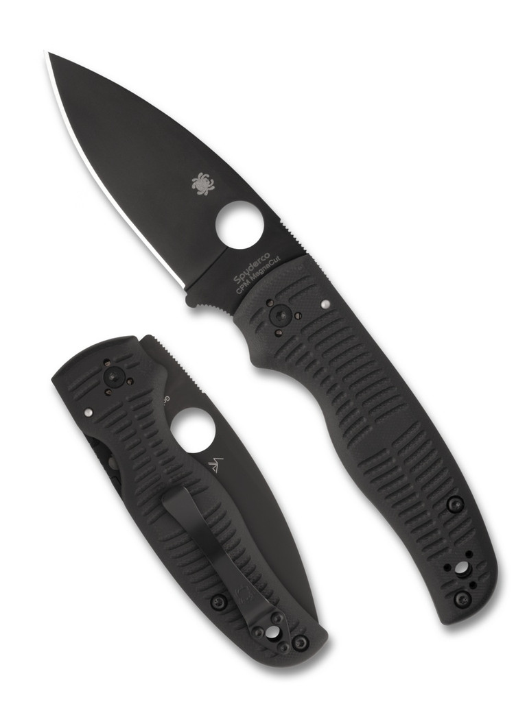 Spyderco Shaman Salt folding knife with thumb hole - shown open presentation side and closed pocket clip side.  Black MagnaCut stainless steel plain edge blade.  Black G-10 handle.  Model C229GMCBKP.