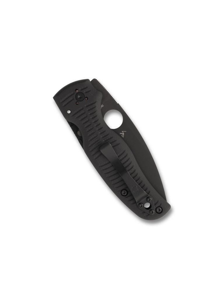 Spyderco Shaman Salt folding knife with thumb hole - shown open presentation side.  Black MagnaCut stainless steel plain edge blade.  Black G-10 handle.  Model C229GMCBKP.