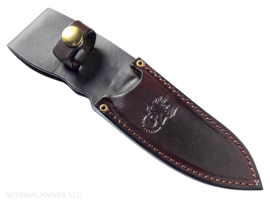Rick Hinderer Knives Emmett Sheepsfoot fixed blade knife - brown leather sheath only obverse.  Working Finish MagnaCut stainless steel plain edge blade.  Black Micarta handle.  Model KEMSFMI.