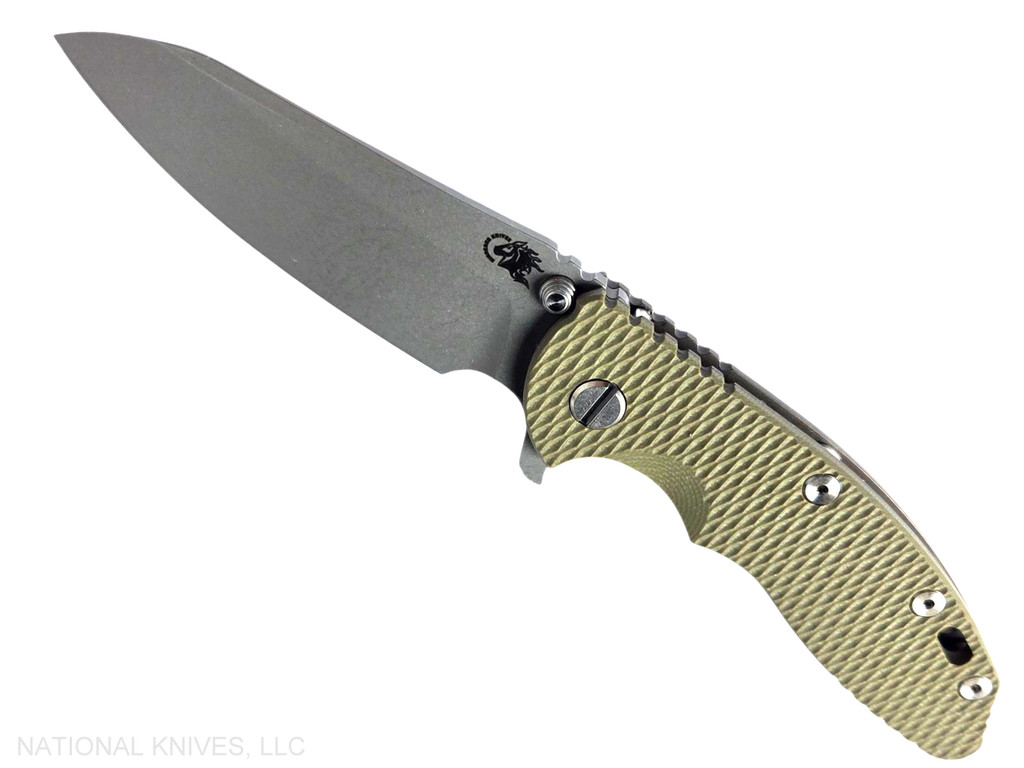 Rick Hinderer Knives XM-18 3.5" Sheepsfoot folding knife with thumb stud and flipper tab - shown open presentation side.  Working Finish S45VN stainless steel plain edge blade.  OD Green G-10 handle with Battle Bronze lock side.  Model KXM35SHF.
