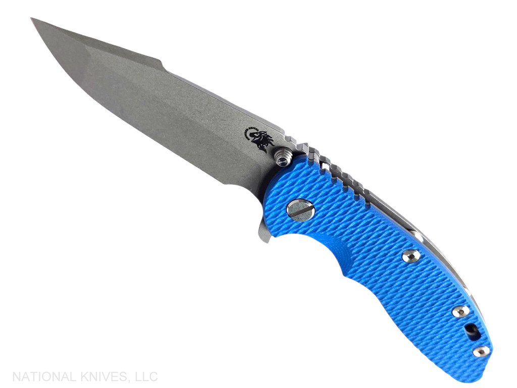 Rick Hinderer Knives XM-18 3.5" Harpoon Spanto folding knife with thumb stud and flipper tab - shown open presentation side.  Working Finish MagnaCut stainless steel plain edge blade.  Blue G-10 handle with Working Finish lock side.  Model KXM35HS.