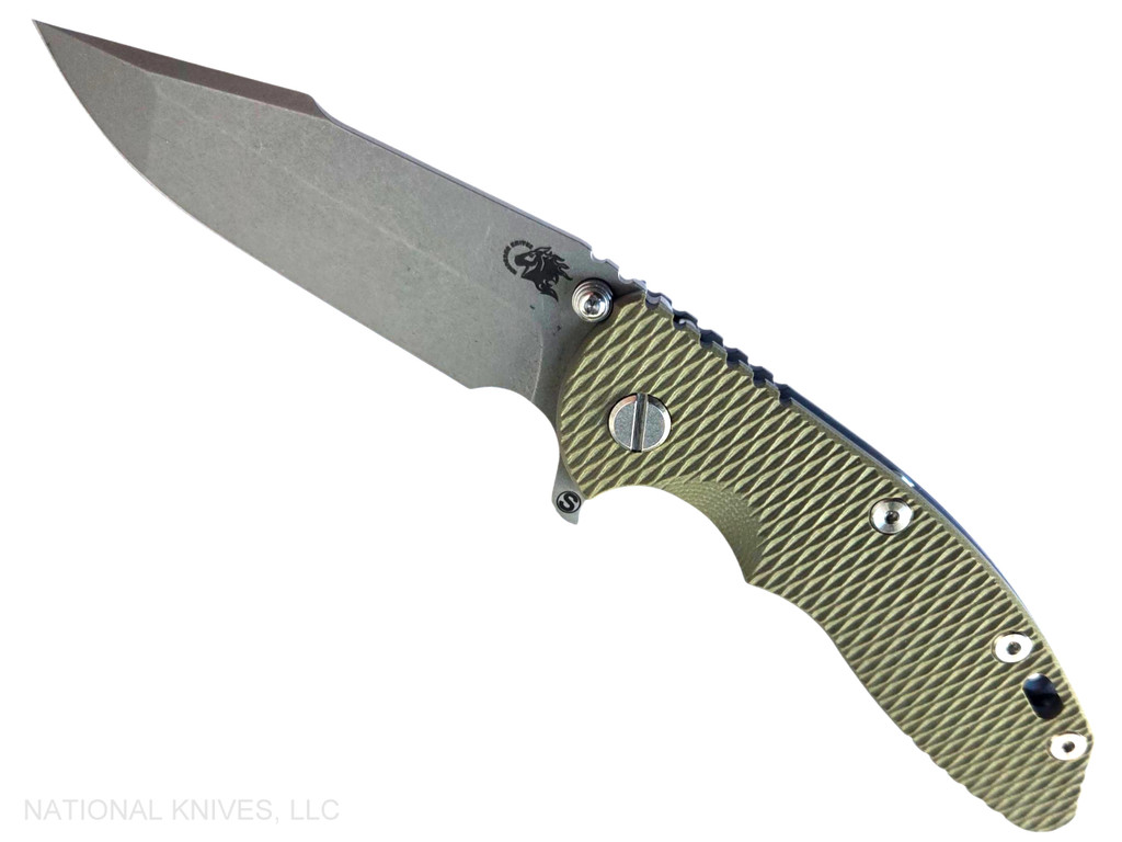 Rick Hinderer Knives XM-18 Skinny Harpoon Spanto with thumb stud and flipper tab - shown open presentation side.  Working Finish MagnaCut stainless steel plain edge blade.  OD Green G-10 handle with Battle Blue lock side.  Model KXM35SKHS.