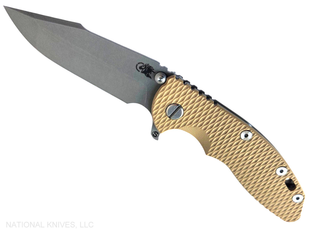 Rick Hinderer Knives XM-18 Skinny Harpoon Spanto with thumb stud and flipper tab - shown open presentation side.  Working Finish MagnaCut stainless steel plain edge blade.  Coyote G-10 handle with Battle Bronze lock side.  Model KXM35SKHS.