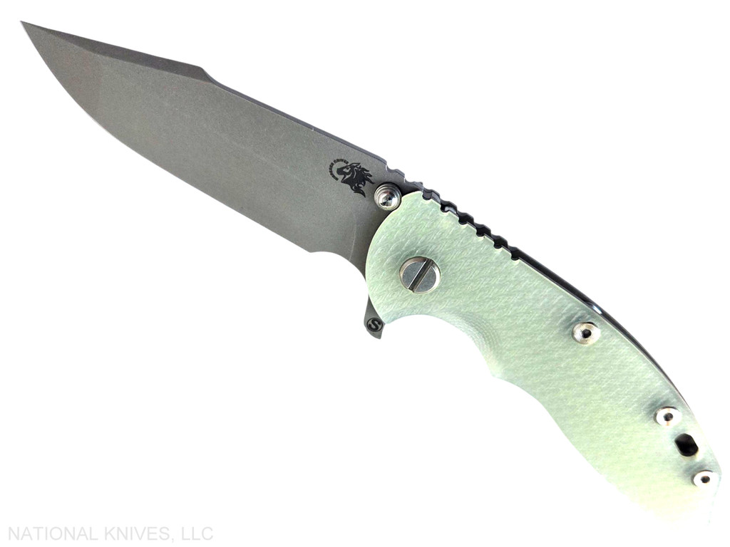 Rick Hinderer Knives XM-18 Skinny Harpoon Spanto with thumb stud and flipper tab - shown open presentation side.  Working Finish MagnaCut stainless steel plain edge blade.  Translucent Green G-10 handle with Battle Bronze lock side.  Model KXM35SKHS.