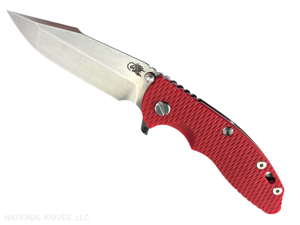 Rick Hinderer Knives XM-18 Skinny Harpoon Spanto with thumb stud and flipper tab - shown open presentation side.  Stonewashed MagnaCut stainless steel plain edge blade.  Red G-10 handle with stonewashed bronze lock side.  Model KXM35SKHS.