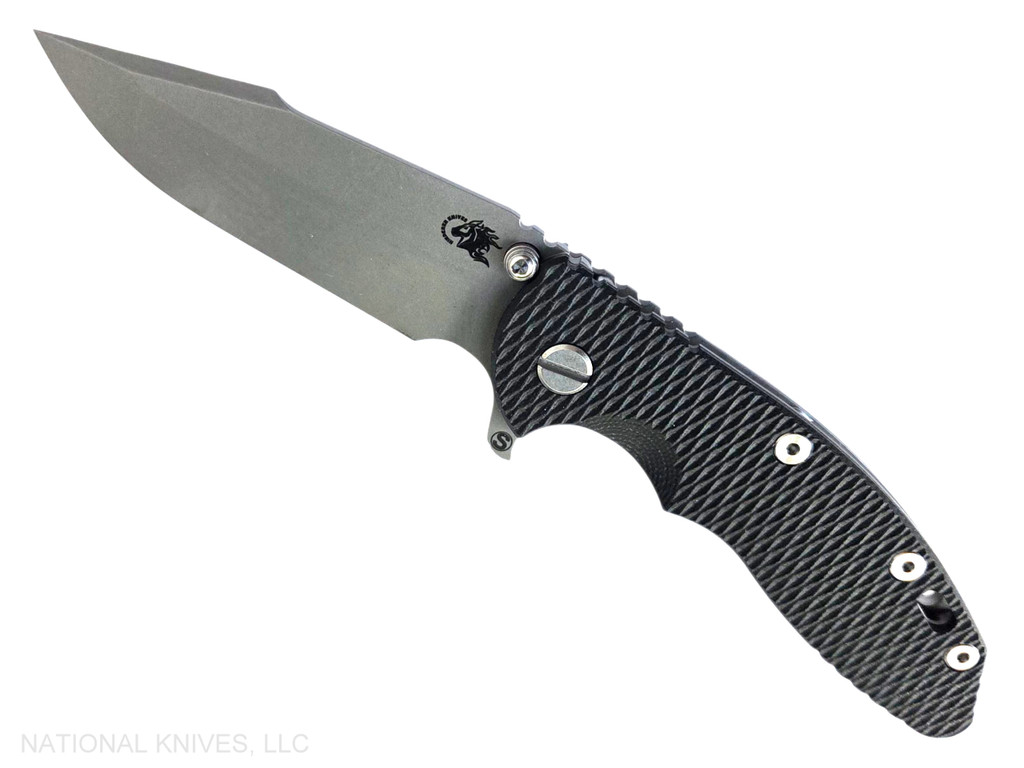 Rick Hinderer Knives XM-18 Skinny Harpoon Spanto with thumb stud and flipper tab - shown open presentation side.  Working Finish MagnaCut stainless steel plain edge blade.  Black G-10 handle with Working Finish lock side.  Model KXM35SKHS.
