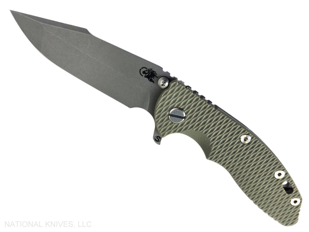 Rick Hinderer Knives XM-18 Skinny Harpoon Spanto with thumb stud and flipper tab - shown open presentation side.  Working Finish MagnaCut stainless steel plain edge blade.  OD Green G-10 handle with Working Finish lock side.  Model KXM35SKHS.