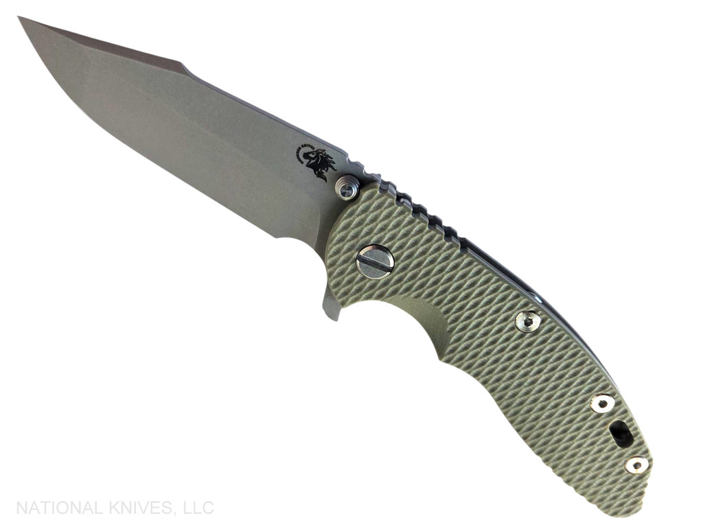 Rick Hinderer Knives XM-18 3.5" Harpoon Spanto folding knife with thumb stud and flipper tab - shown open presentation side.  Working Finish MagnaCut stainless steel plain edge blade.  OD green G-10 handle with Battle Bronze lock side.  Model KXM35HS.