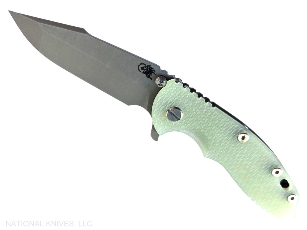 Rick Hinderer Knives XM-18 3.5" Harpoon Spanto folding knife with thumb stud and flipper tab - shown open presentation side.  Working Finish MagnaCut stainless steel plain edge blade.  Translucent Green G-10 handle with Battle Bronze lock side.  Model KXM35HS.