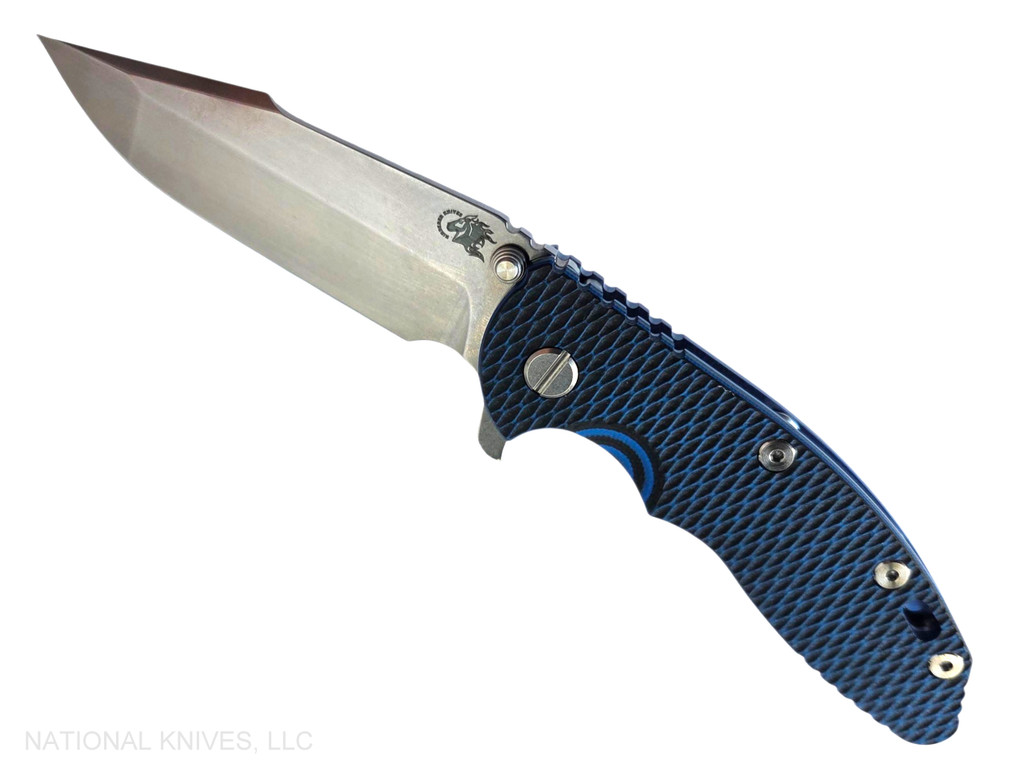 Rick Hinderer Knives XM-18 3.5" Harpoon Spanto folding knife with thumb stud and flipper tab - shown open presentation side.  Stonewashed MagnaCut stainless steel plain edge blade.  Blue - black G-10 handle with stonewashed blue lock side.  Model KXM35HS.