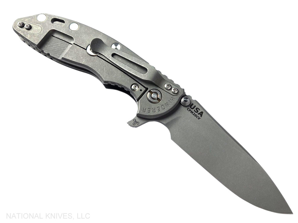 Rick Hinderer Knives XM-18 3.5" Slicer Hollow Grind folding knife with thumb stud and flipper tab - shown open lock side.  Working Finish 20CV stainless steel plain edge blade.  Black G-10 handle with Working Finish lock side.  Model KXM35SLHO.